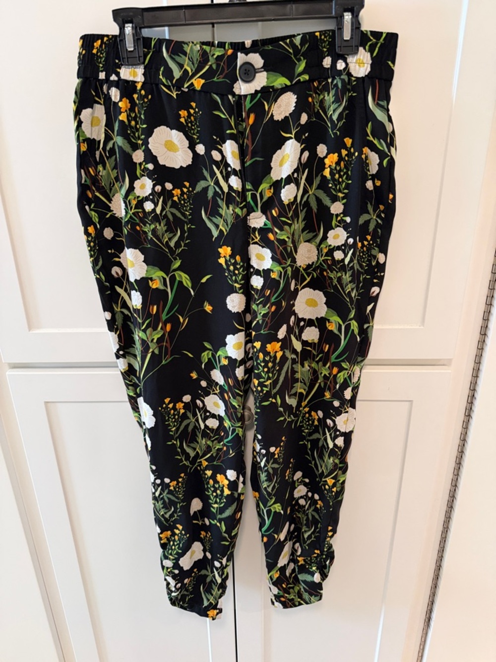 CAbi Black Floral Pull-On Joggers with White & Yellow Blooms